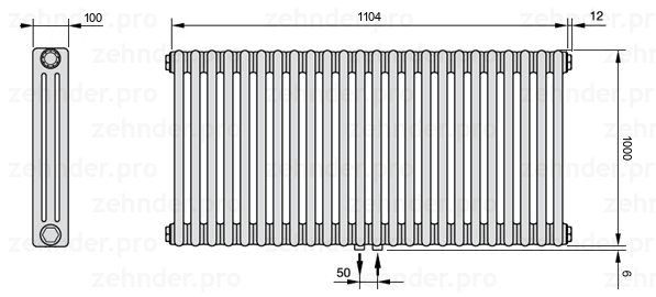 Схема (чертеж) Радиатор Zehnder Charleston 3100/24 №5410 Белый глянцевый RAL 9016